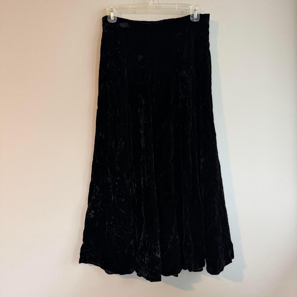 Vintage black crushed velvet flowy maxi midi skirt